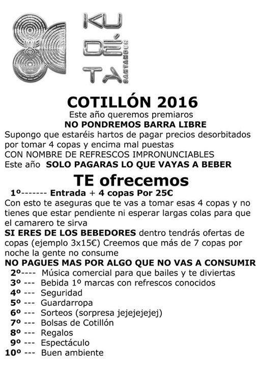 Cotillón de Nochevieja 2016 en el Kudeta en Santander