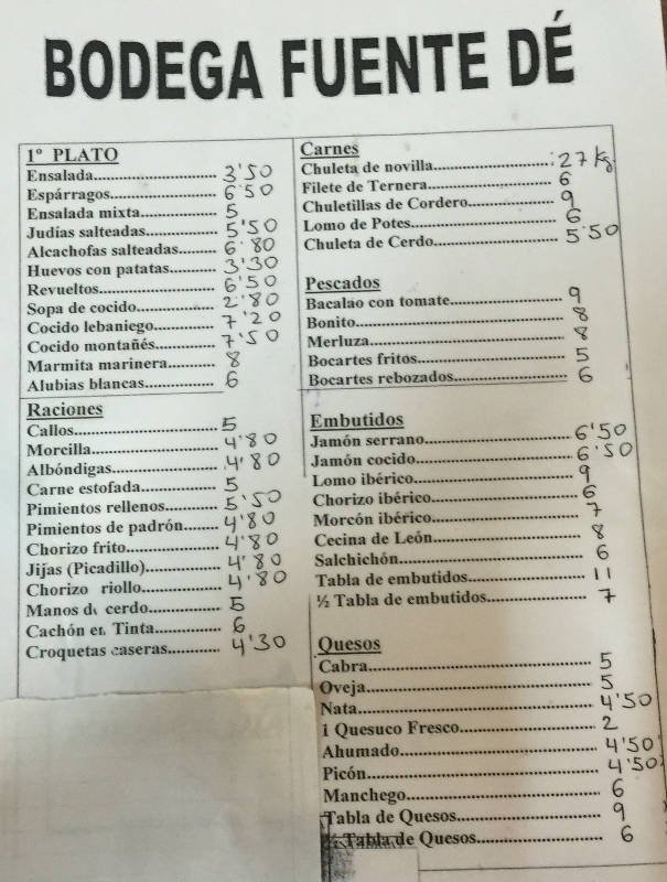 Precios raciones bodega Fuente De