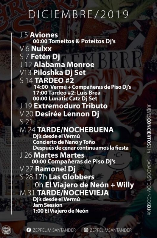 Conciertos diciembre 2019 en el Zeppelim de Santander