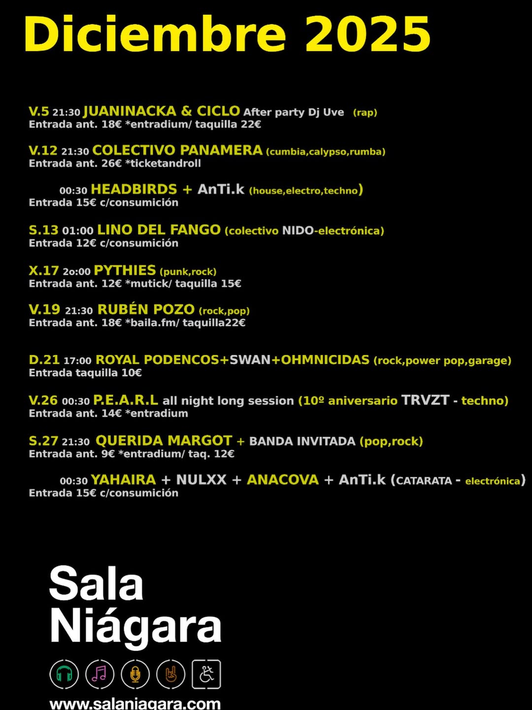 Programación Sala Niágara Diciembre 2025