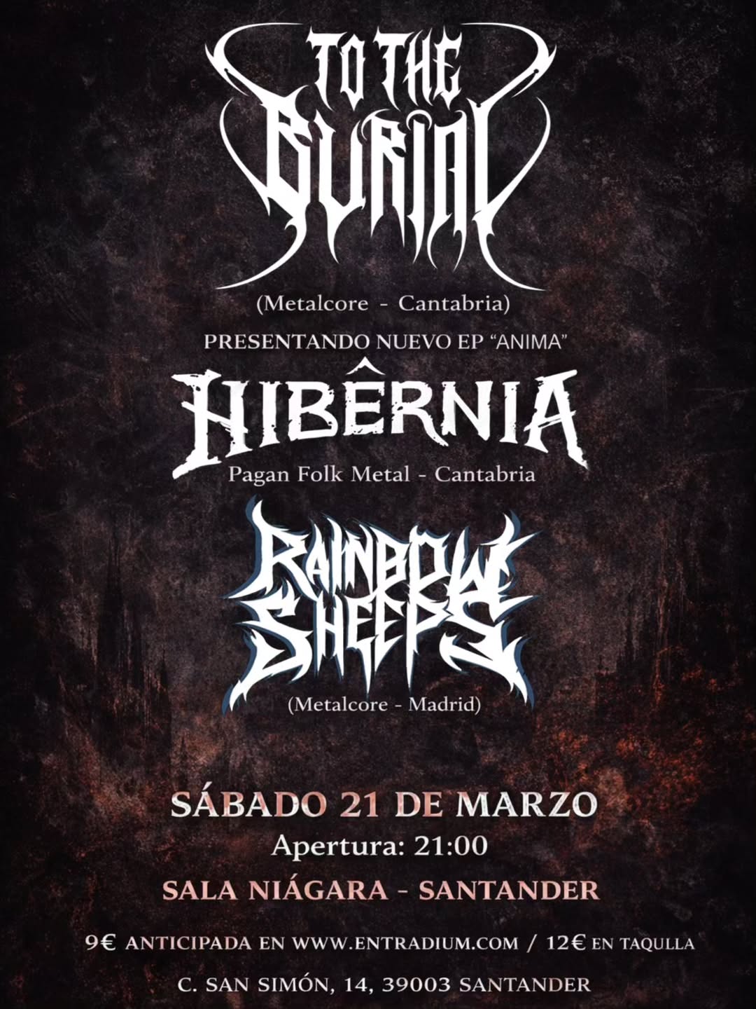 Concierto de To The Burial, Hibernia Folk Metal y Rainbow Sheep en la Sala Niágara de Santander el 21 de marzo