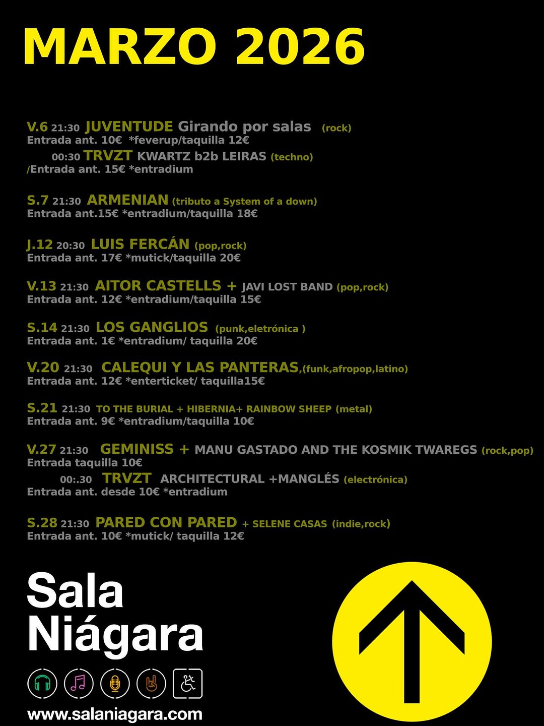 Conciertos Marzo 2026 Sala Niágara