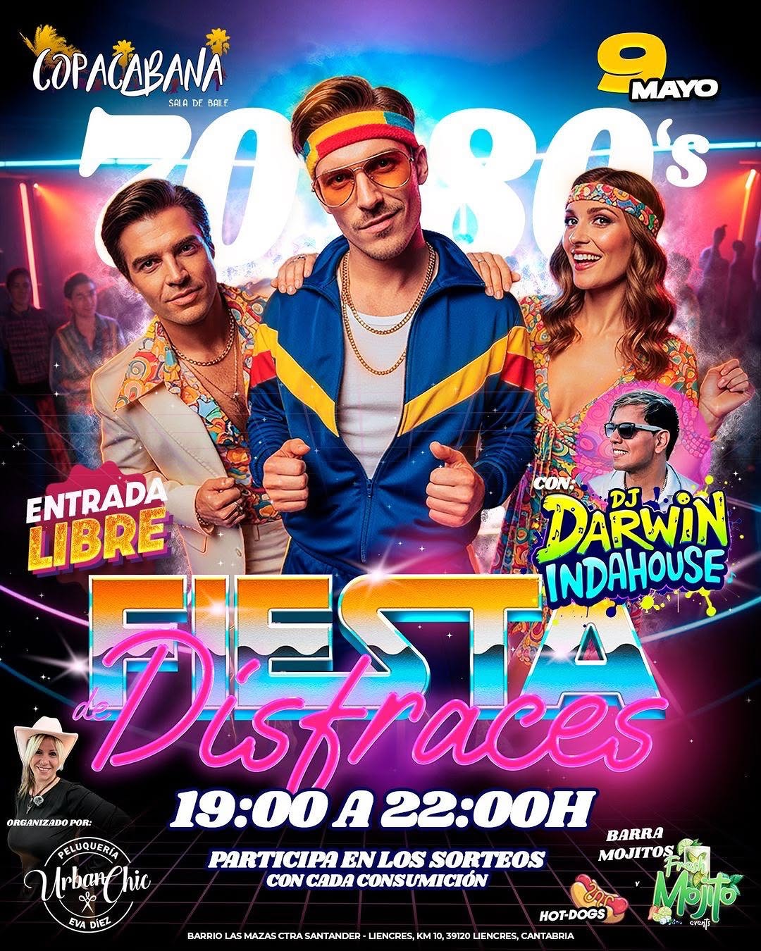 Fiesta de disfraces de los años 70-80 en Copacabana, sala de baile, Liencres