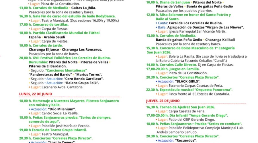 Fiestas de San Juan 2026 en Los Corrales de Buelna, Cantabria