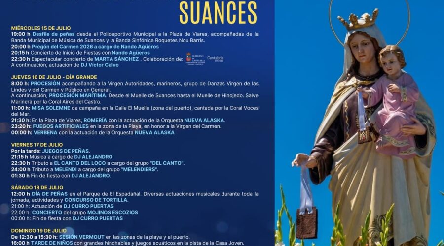 Fiestas del Carmen 2026 en Suances con Marta Sánchez y Mojinos Escozíos