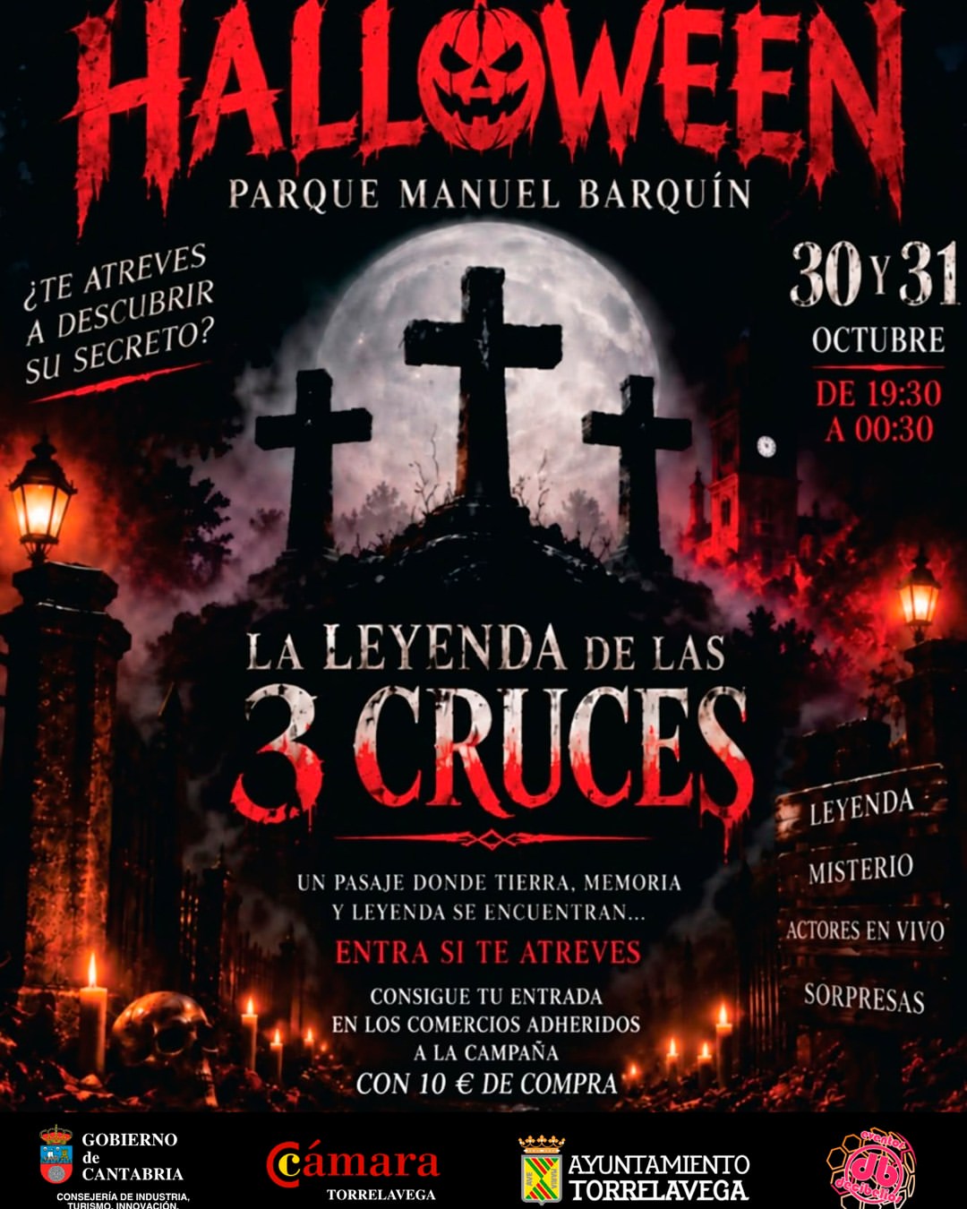Cartel de El Pasaje de las 3 Cruces en el Parque Manuel Barquín, Torrelavega, 30 y 31 de octubre