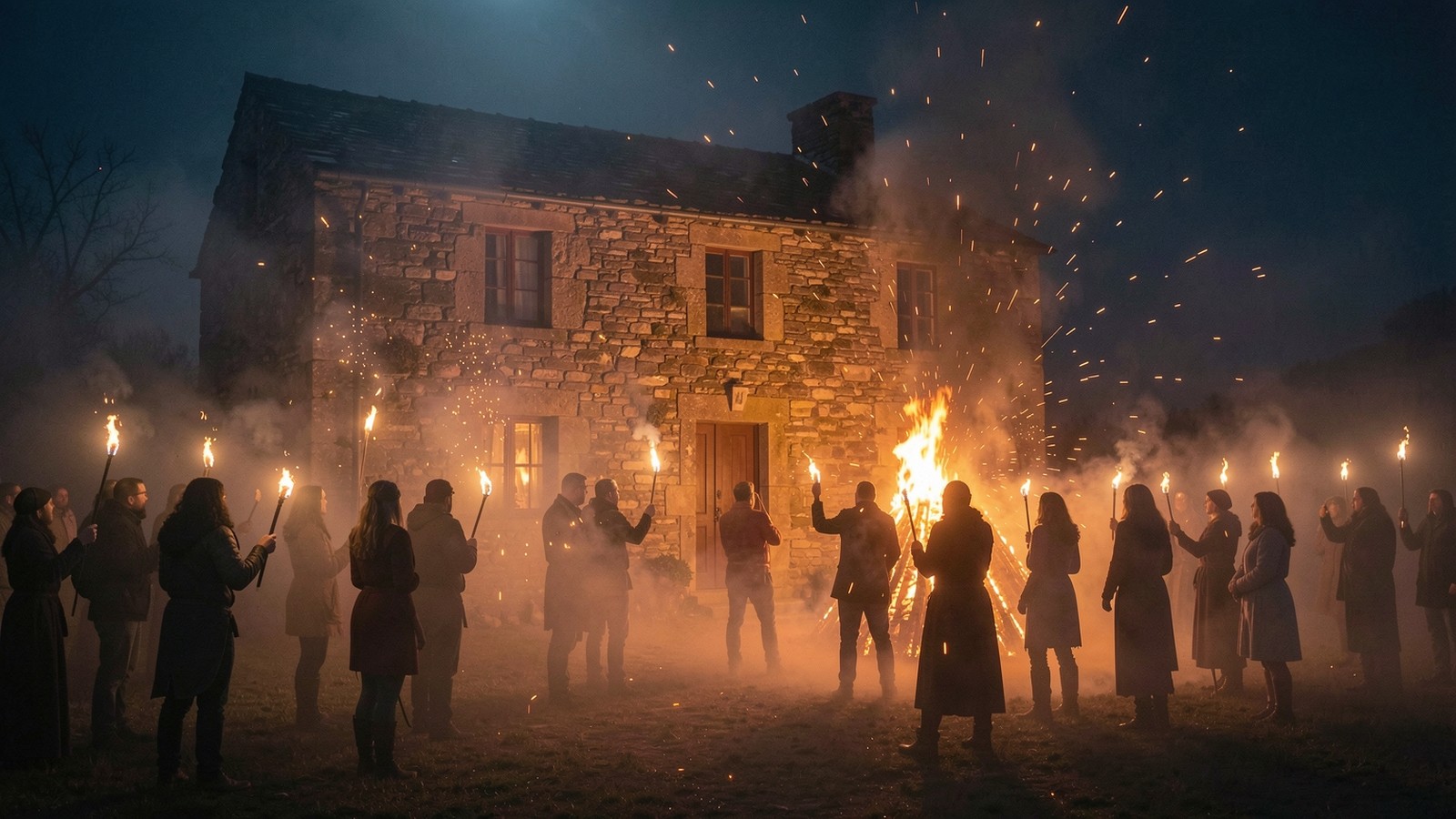 Hoguera de Samhain rodeada de siluetas con antorchas frente a un caserón de piedra entre niebla